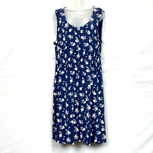 LANDS END BLUE & WHITE FLORAL DRESS FIT & FLARE STRETCH COTTON SIZE L